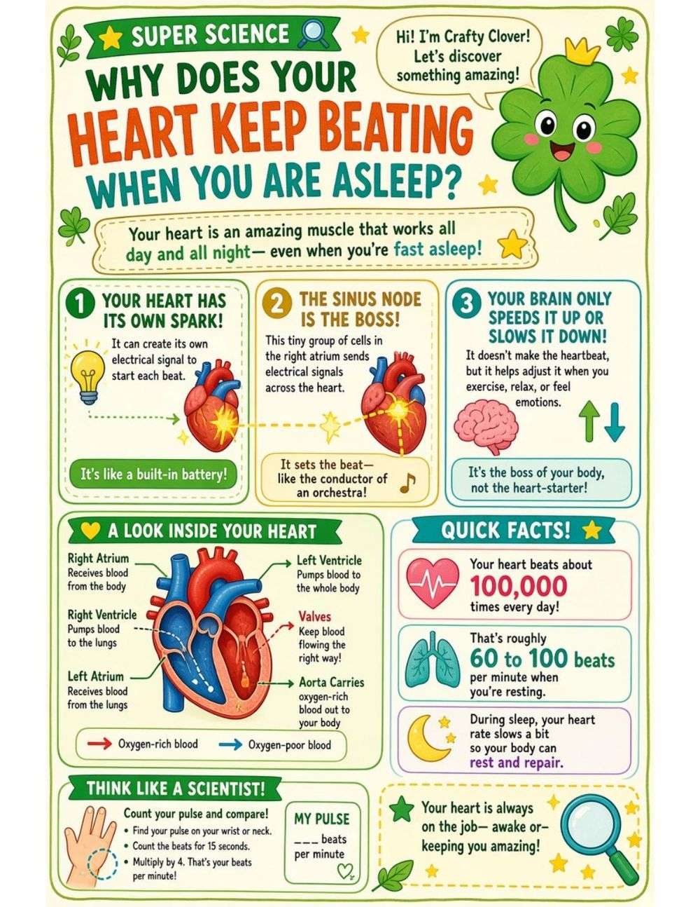 Illustrated page from A Million Whys Book 1 titled Why Does Your Heart Keep Beating While You Sleep, with Crafty Clover.