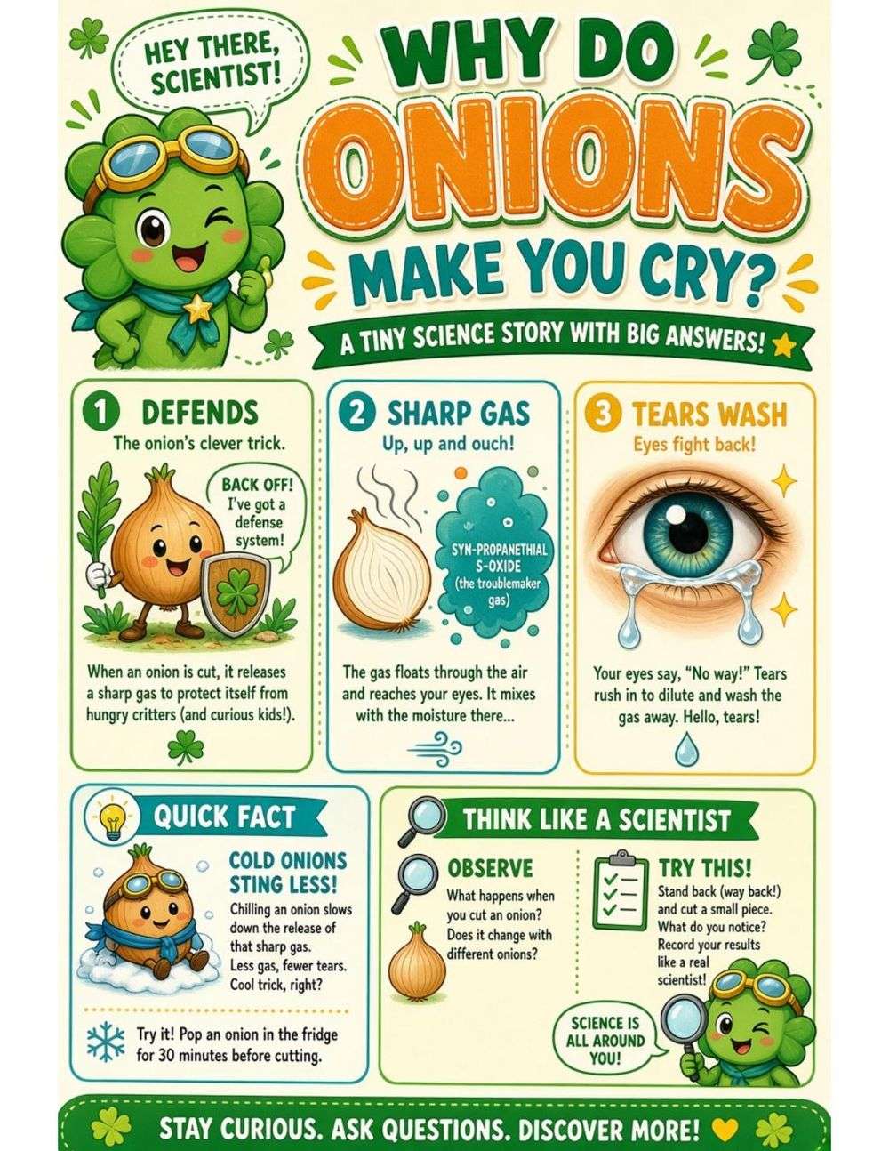 Illustrated page from A Million Whys Book 1 titled Why Do Onions Make You Cry? The Tiny Gas Trick, with Crafty Clover.