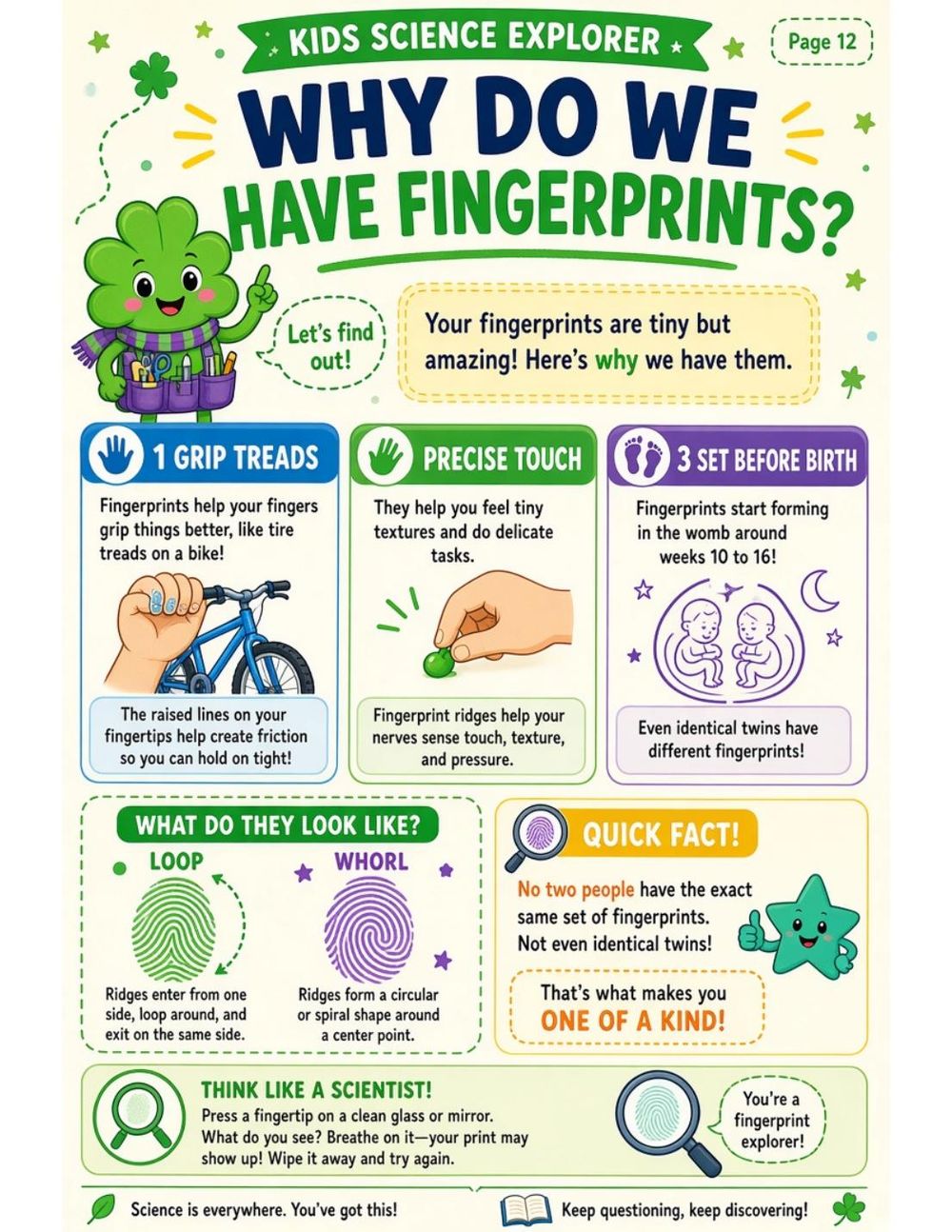 Illustrated page from A Million Whys Book 1 titled Why Do We Have Fingerprints? Tiny Treads on Your Fingers, with Crafty Clover.
