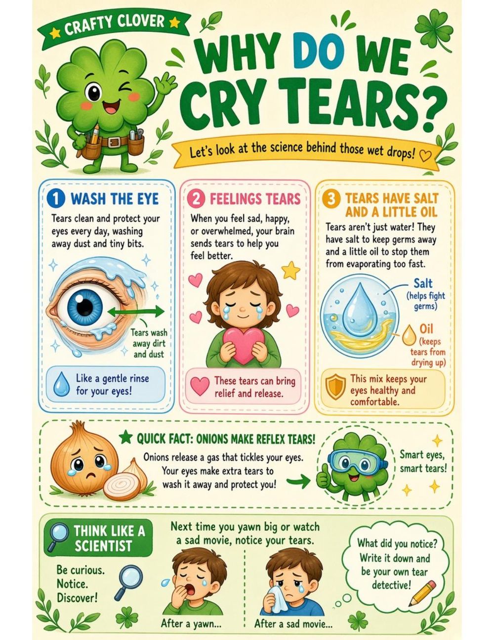 Illustrated page from A Million Whys Book 1 titled Why Do We Cry Tears? It's More Than Just Water, with Crafty Clover.