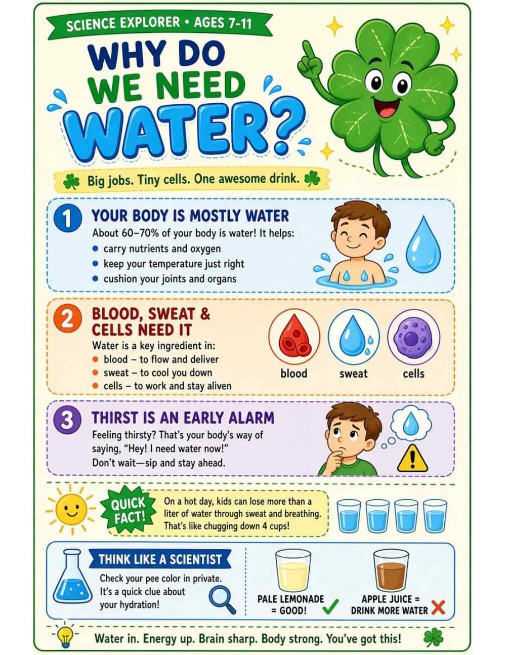 Illustrated page from A Million Whys Book 1 titled Why Do We Need Water? Big Jobs for Tiny Cells, with Crafty Clover.
