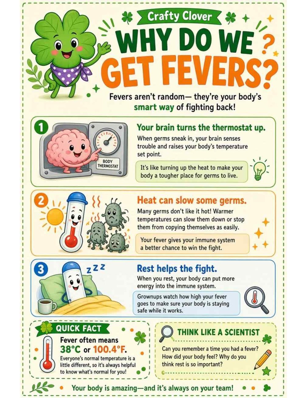 Illustrated page from A Million Whys Book 1 titled Why Do We Get Fevers? Your Body's Smart Thermostat, with Crafty Clover.