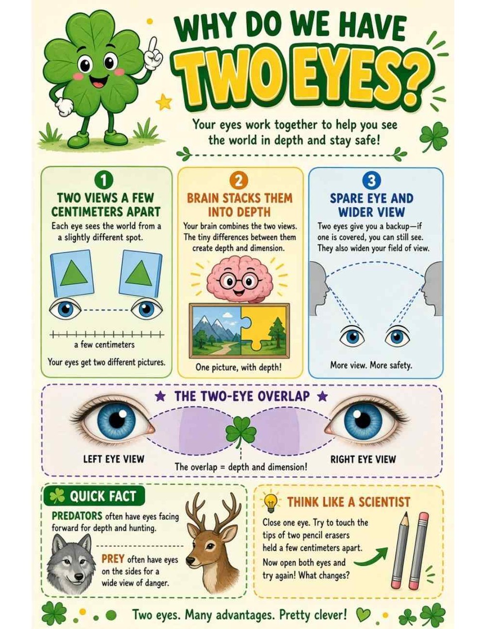 Illustrated page from A Million Whys Book 1 titled Why Do We Have Two Eyes? The Secret of Depth, with Crafty Clover.