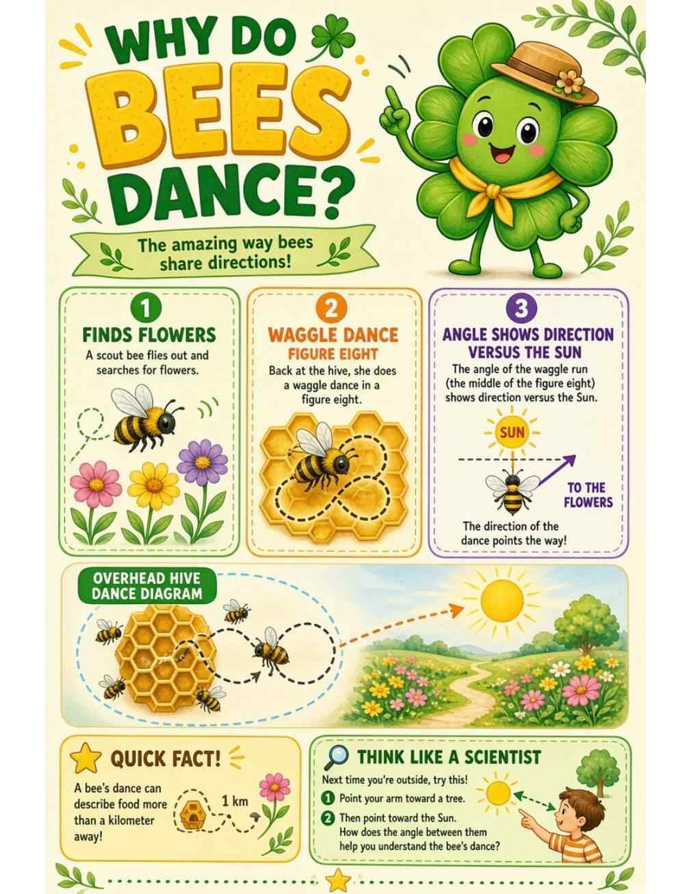 Illustrated page from A Million Whys Book 1 titled Why Do Bees Dance? The Waggle Dance Explained, with Crafty Clover.