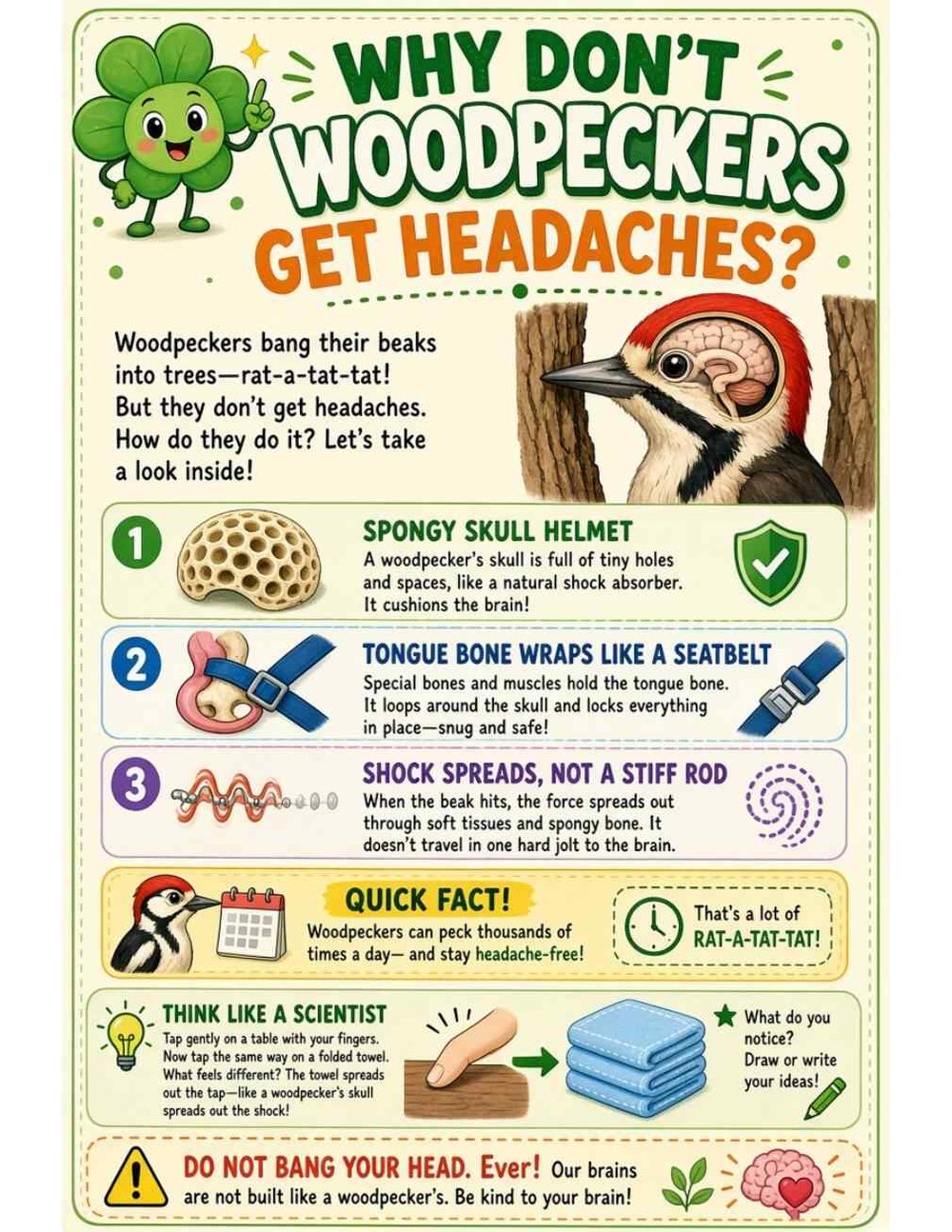 Illustrated page from A Million Whys Book 1 titled Why Don't Woodpeckers Get Headaches? A Built-In Helmet, with Crafty Clover.