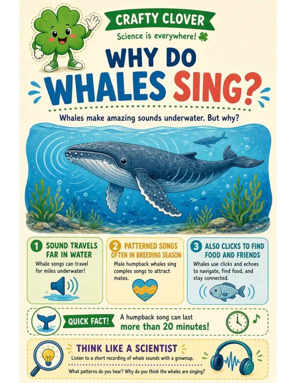 Illustrated page from A Million Whys Book 1 titled Why Do Whales Sing? Songs That Travel for Miles, with Crafty Clover.