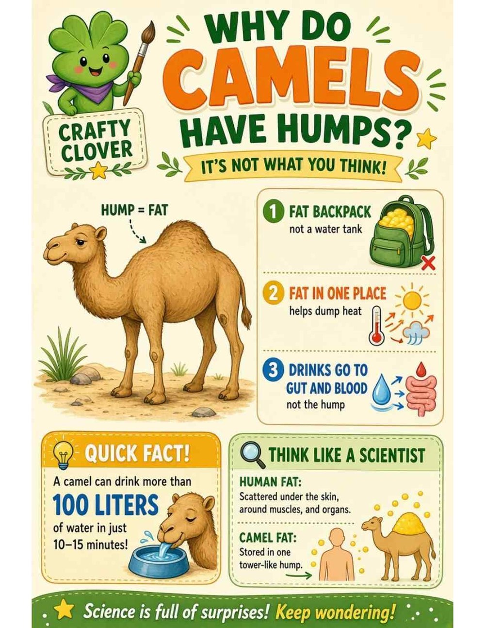 Illustrated page from A Million Whys Book 1 titled Why Do Camels Have Humps? It's Not What You Think, with Crafty Clover.