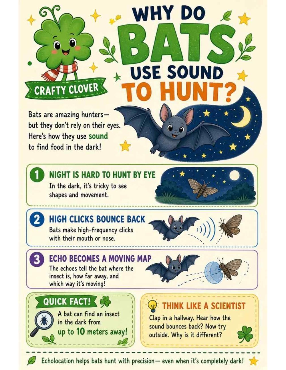 Illustrated page from A Million Whys Book 1 titled Why Do Bats Use Sound to Hunt? Echoes in the Dark, with Crafty Clover.