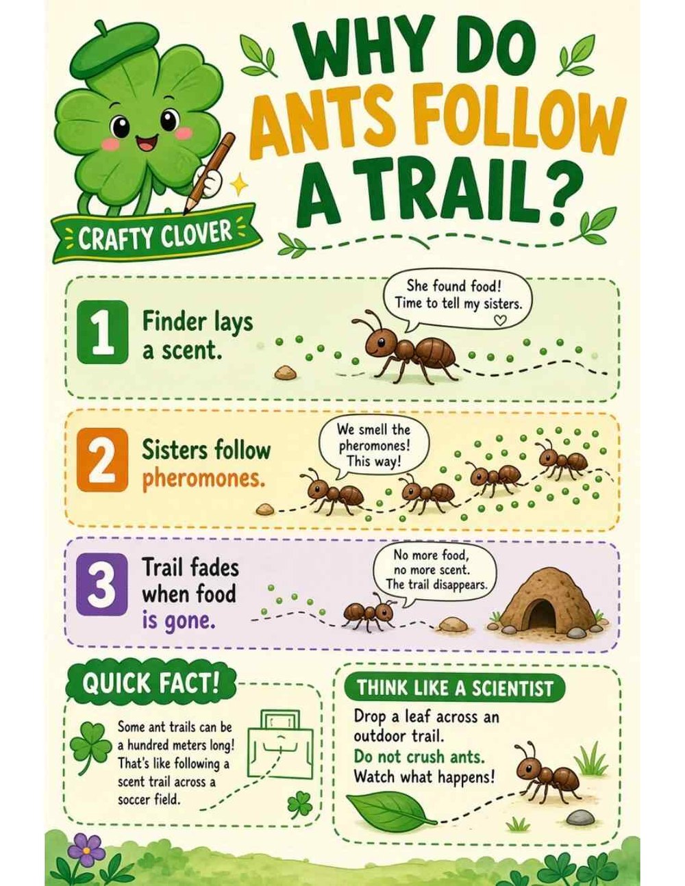 Illustrated page from A Million Whys Book 1 titled Why Do Ants Follow a Trail? A Secret Scent Path, with Crafty Clover.