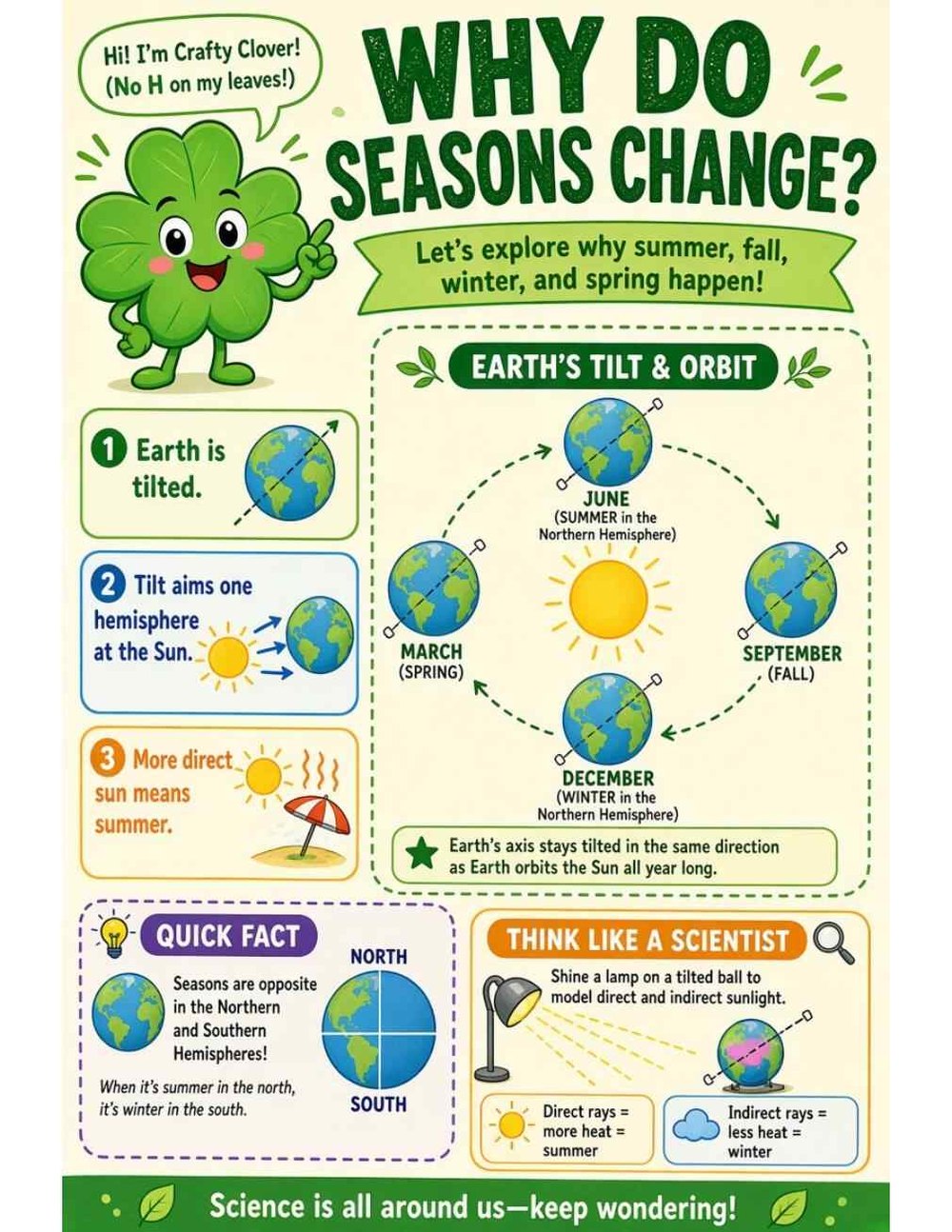 Illustrated page from A Million Whys Book 1 titled Why Do Seasons Change? It's All About Earth's Tilt, with Crafty Clover.