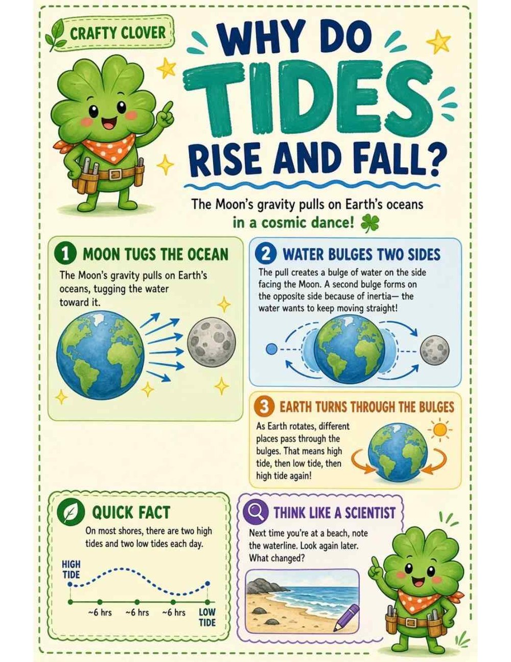 Illustrated page from A Million Whys Book 1 titled Why Do Tides Rise and Fall? The Moon's Big Pull, with Crafty Clover.
