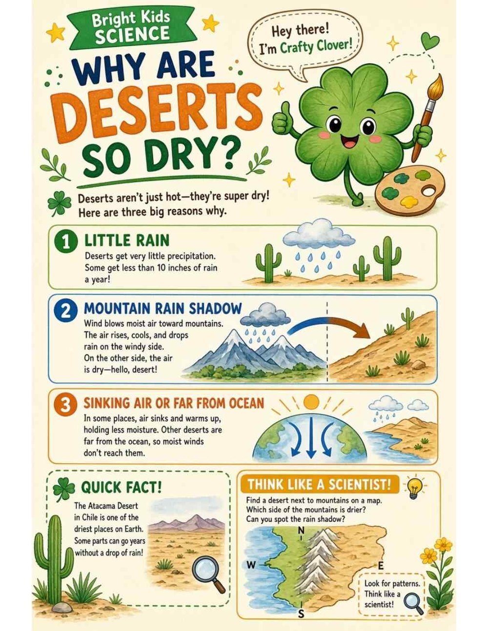 Illustrated page from A Million Whys Book 1 titled Why Are Deserts So Dry? Three Big Reasons, with Crafty Clover.