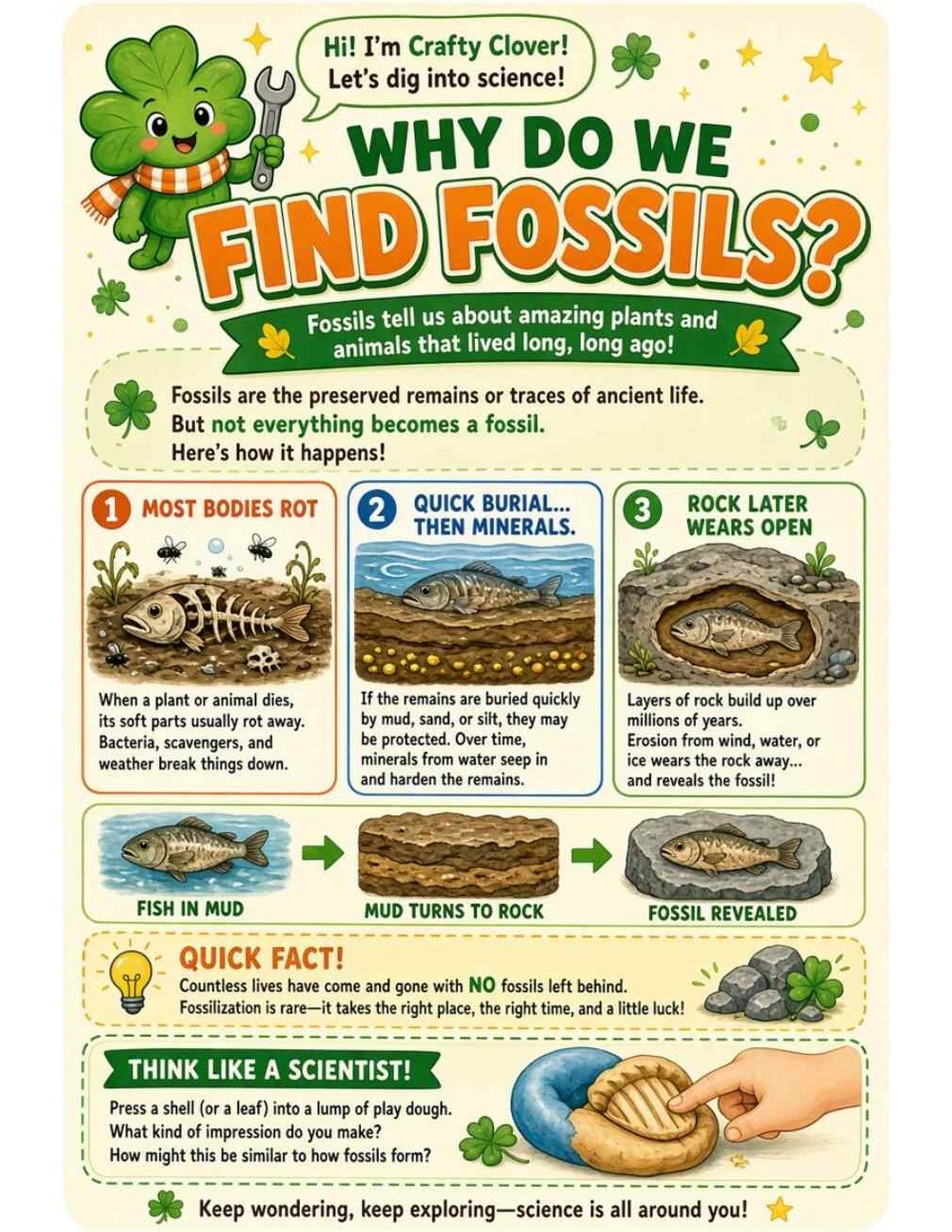 Illustrated page from A Million Whys Book 1 titled Why Do We Find Fossils? It Takes a Little Luck, with Crafty Clover.
