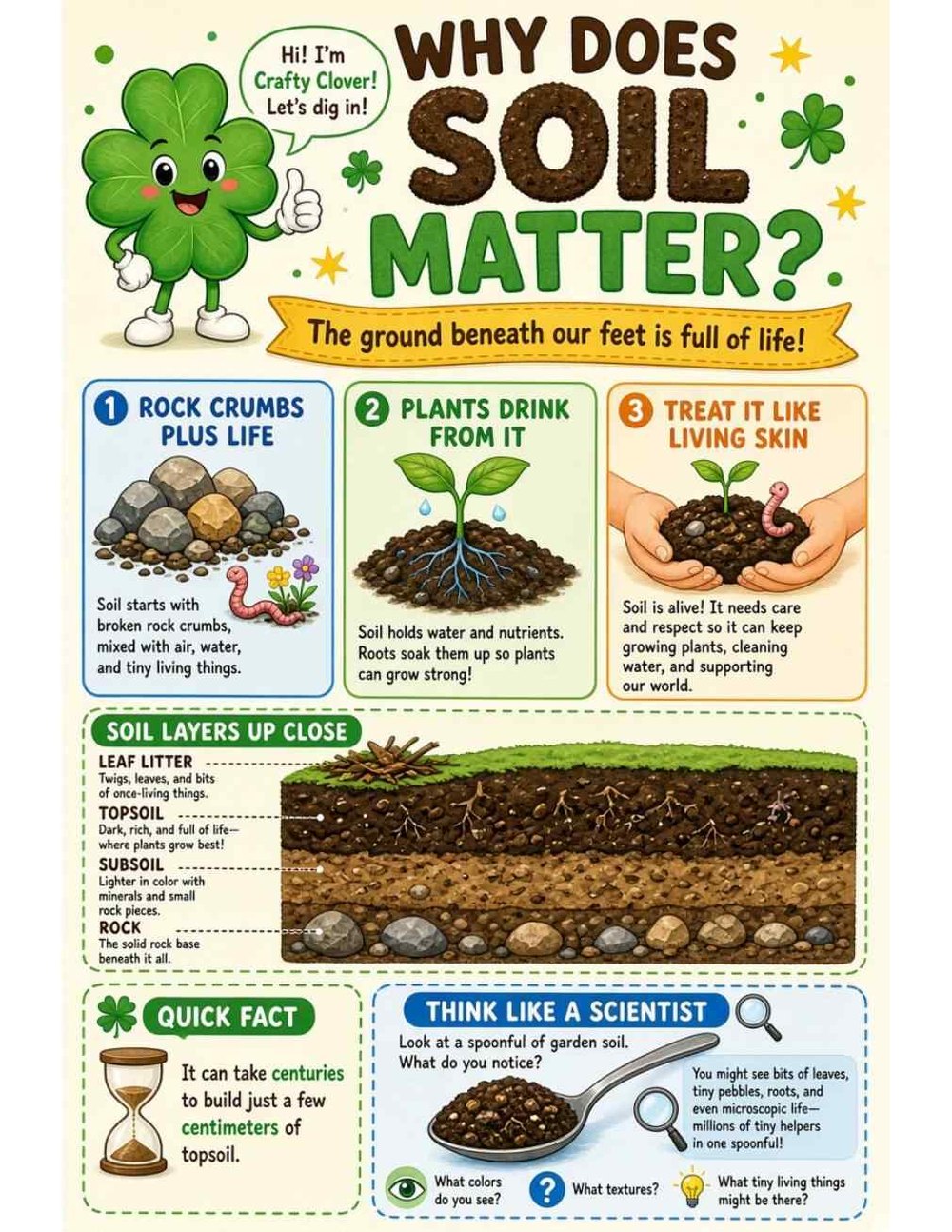 Illustrated page from A Million Whys Book 1 titled Why Does Soil Matter? The Ground Is Full of Life, with Crafty Clover.
