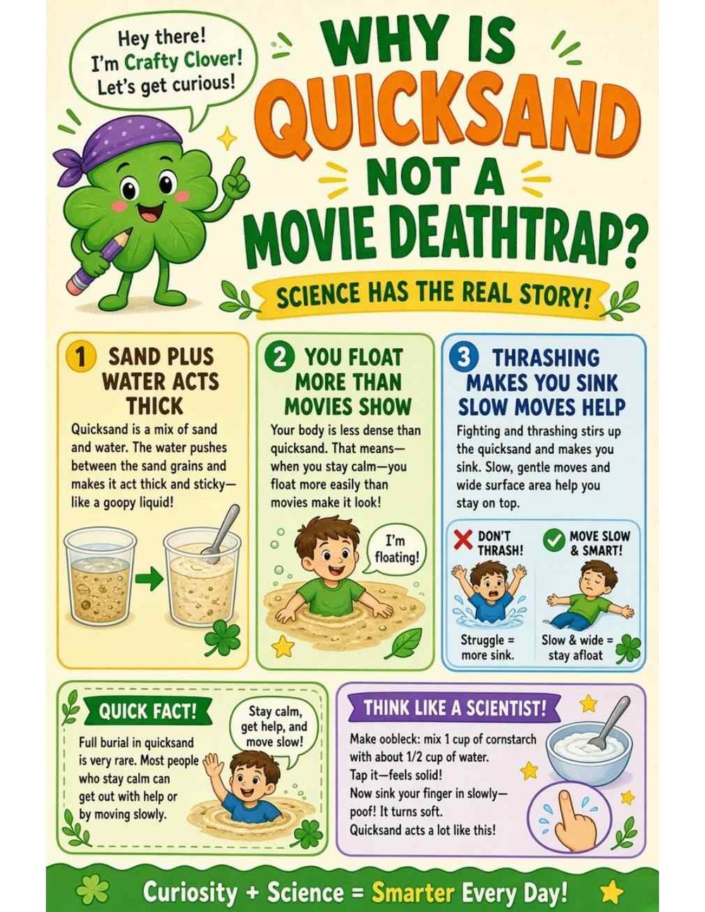 Illustrated page from A Million Whys Book 1 titled Why Is Quicksand Not a Movie Deathtrap? Science Has the Story, with Crafty Clover.