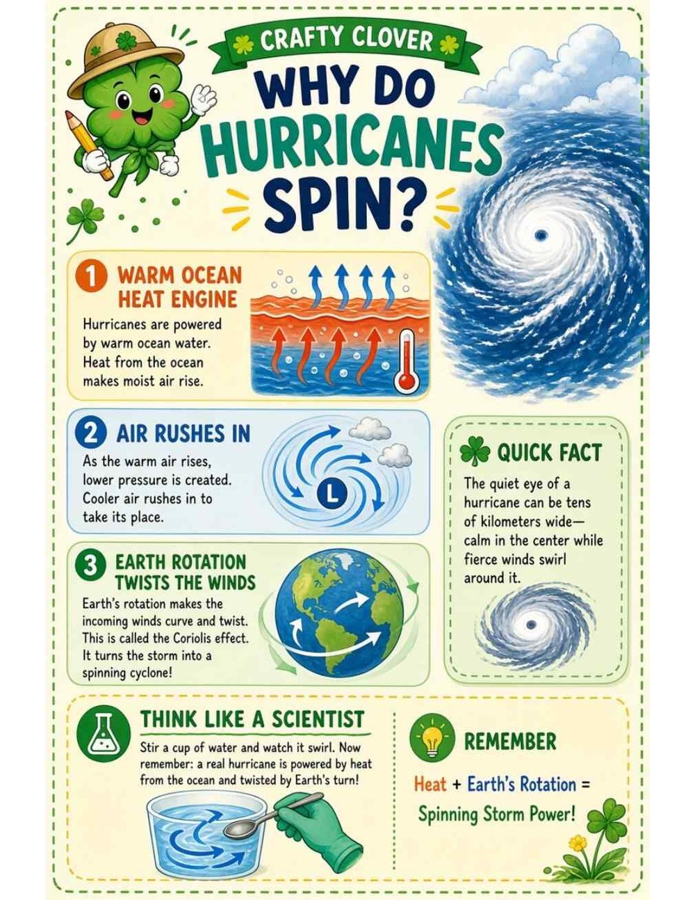 Illustrated page from A Million Whys Book 1 titled Why Do Hurricanes Spin? Ocean Heat and Earth's Twist, with Crafty Clover.
