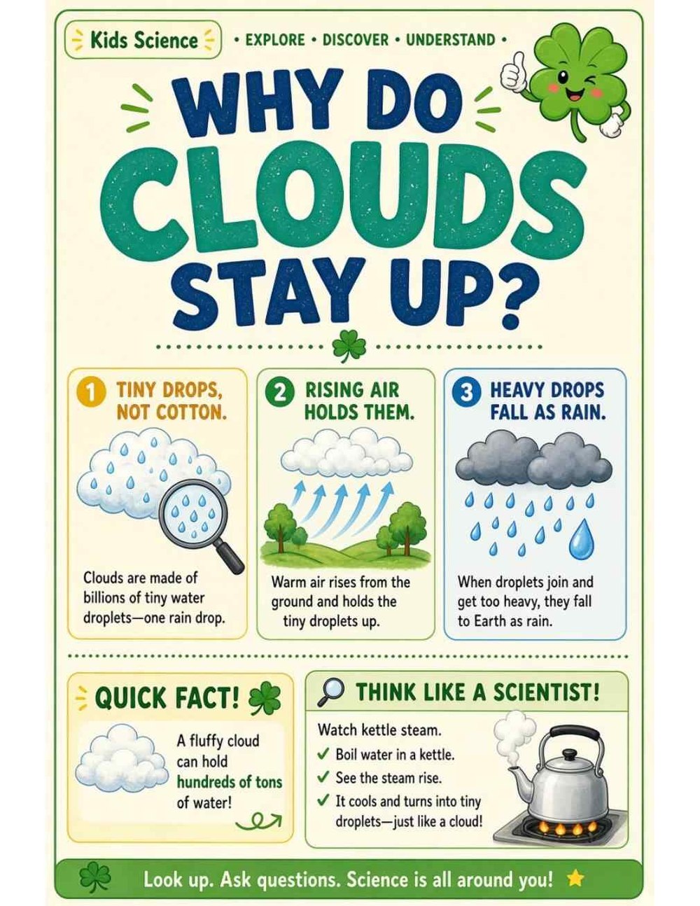 Illustrated page from A Million Whys Book 1 titled Why Do Clouds Stay Up? They're Made of Tiny Drops, with Crafty Clover.