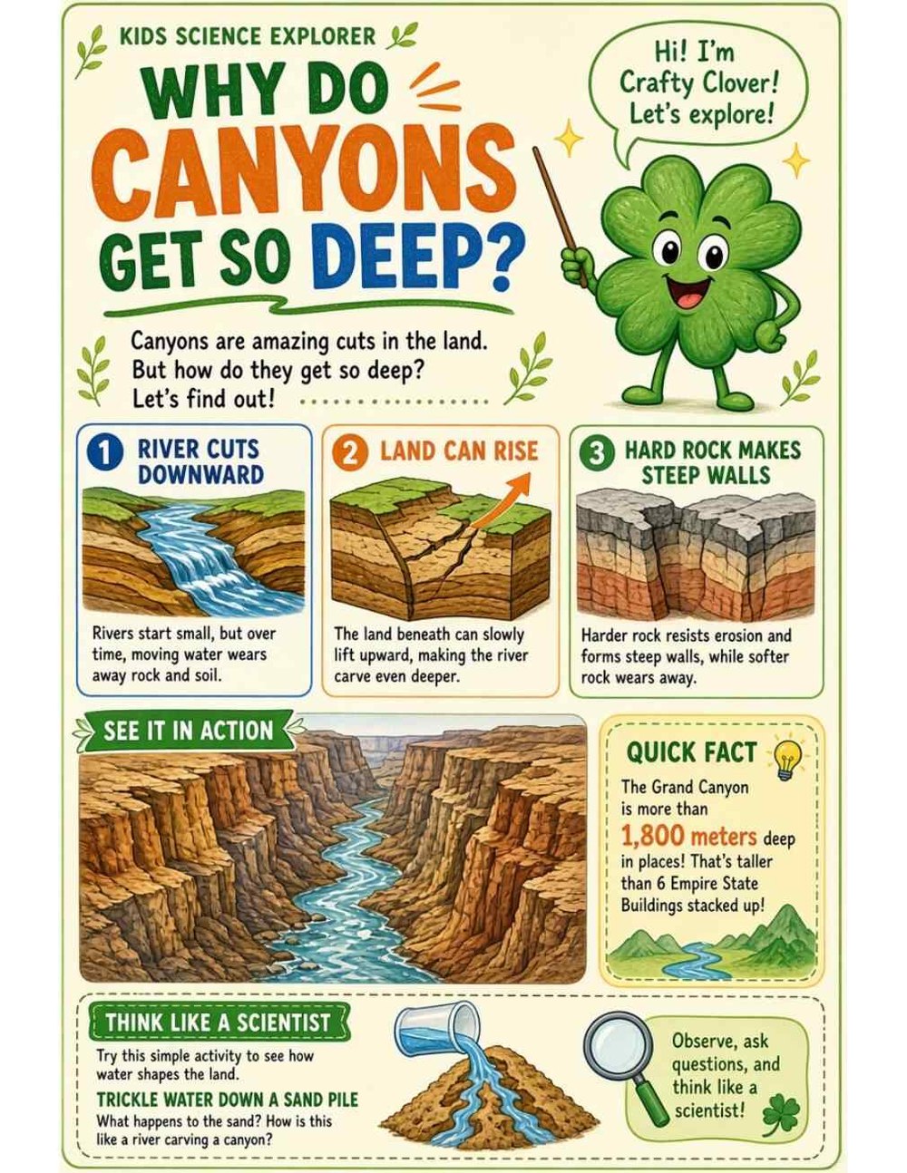 Illustrated page from A Million Whys Book 1 titled Why Do Canyons Get So Deep? Rivers, Rock and Rising Land, with Crafty Clover.