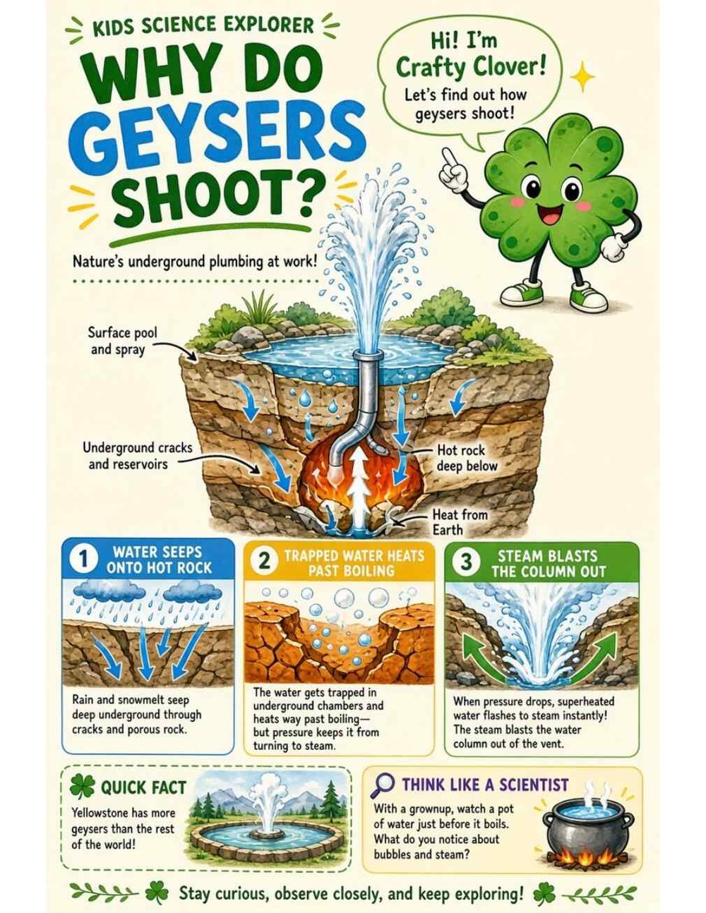 Illustrated page from A Million Whys Book 1 titled Why Do Geysers Shoot? Nature's Underground Plumbing, with Crafty Clover.