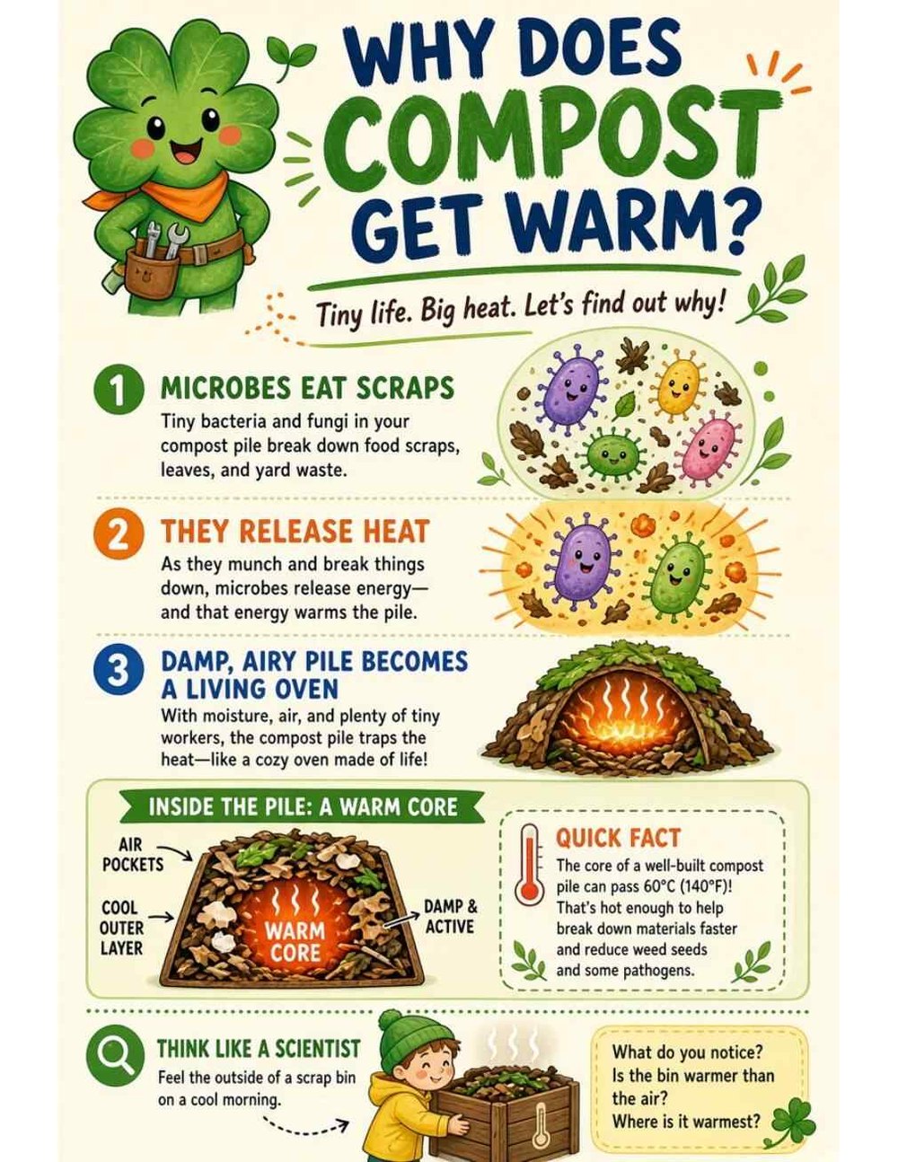 Illustrated page from A Million Whys Book 1 titled Why Does Compost Get Warm? Tiny Life, Big Heat, with Crafty Clover.