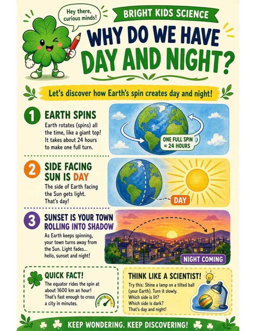 Illustrated page from A Million Whys Book 1 titled Why Do We Have Day and Night? Earth's Big Spin, with Crafty Clover.