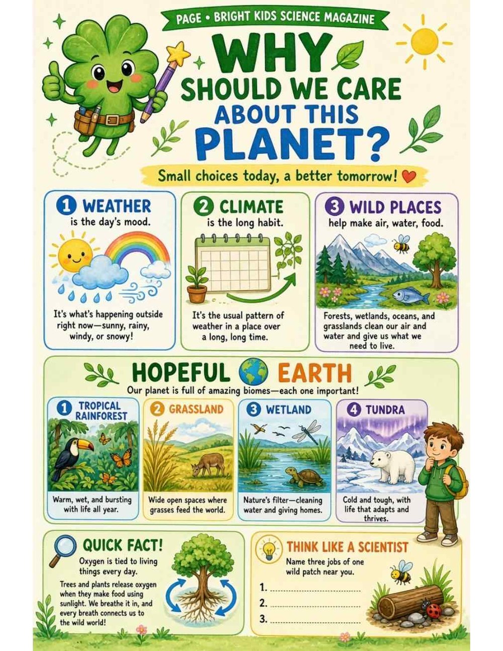 Illustrated page from A Million Whys Book 1 titled Why Should We Care About This Planet? Small Choices Matter, with Crafty Clover.