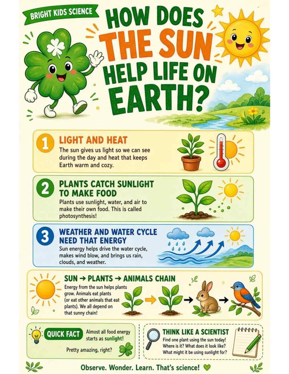 Illustrated page from A Million Whys Book 1 titled How Does the Sun Help Life on Earth, with Crafty Clover.