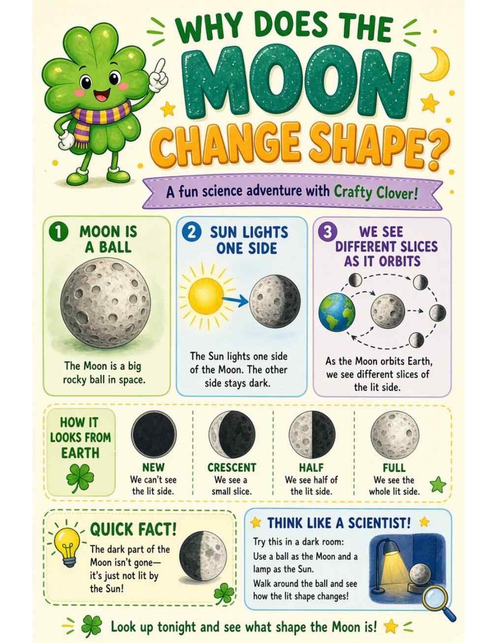 Illustrated page from A Million Whys Book 1 titled Why Does the Moon Change Shape? Slices of Sunlit Moon, with Crafty Clover.