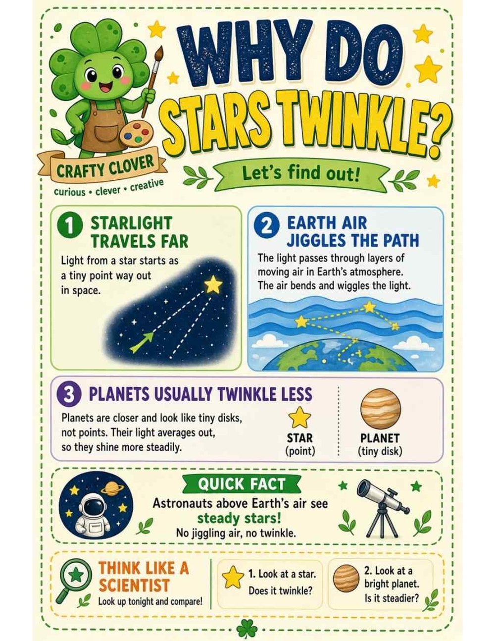 Illustrated page from A Million Whys Book 1 titled Why Do Stars Twinkle? Wiggly Air Between Us and Space, with Crafty Clover.