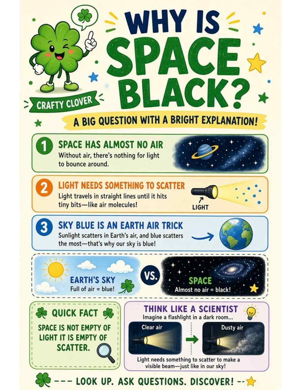 Illustrated page from A Million Whys Book 1 titled Why Is Space Black? A Big Question With a Bright Answer, with Crafty Clover.