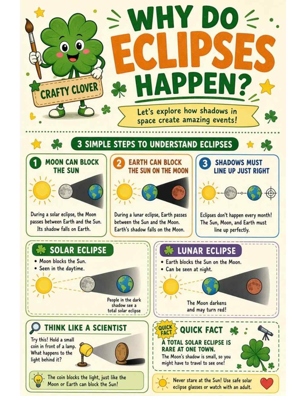 Illustrated page from A Million Whys Book 1 titled Why Do Eclipses Happen? Shadows in Space, with Crafty Clover.