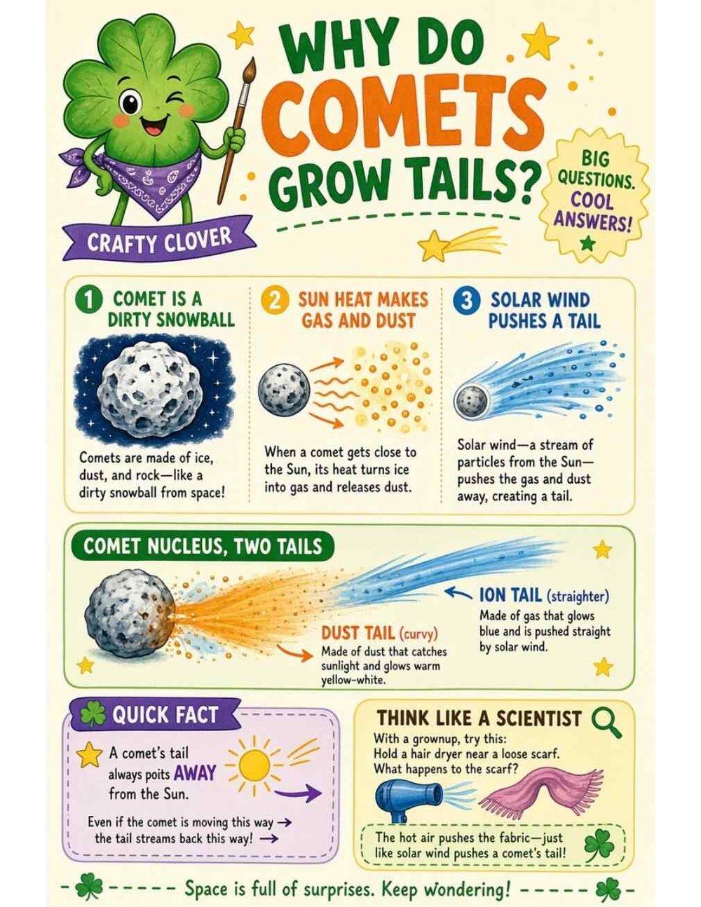 Illustrated page from A Million Whys Book 1 titled Why Do Comets Grow Tails? A Dirty Snowball Meets the Sun, with Crafty Clover.