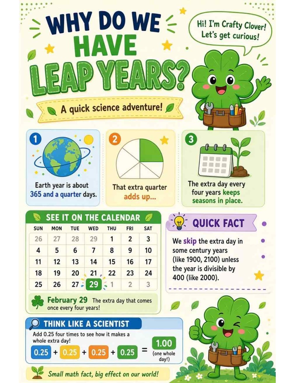 Illustrated page from A Million Whys Book 1 titled Why Do We Have Leap Years? That Extra Quarter Day, with Crafty Clover.