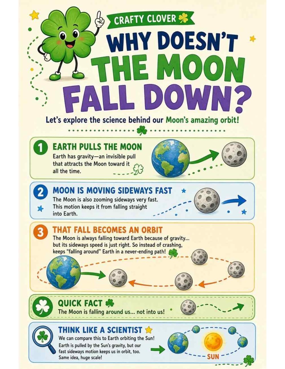 Illustrated page from A Million Whys Book 1 titled Why Doesn't the Moon Fall Down? It's Falling Around Us, with Crafty Clover.