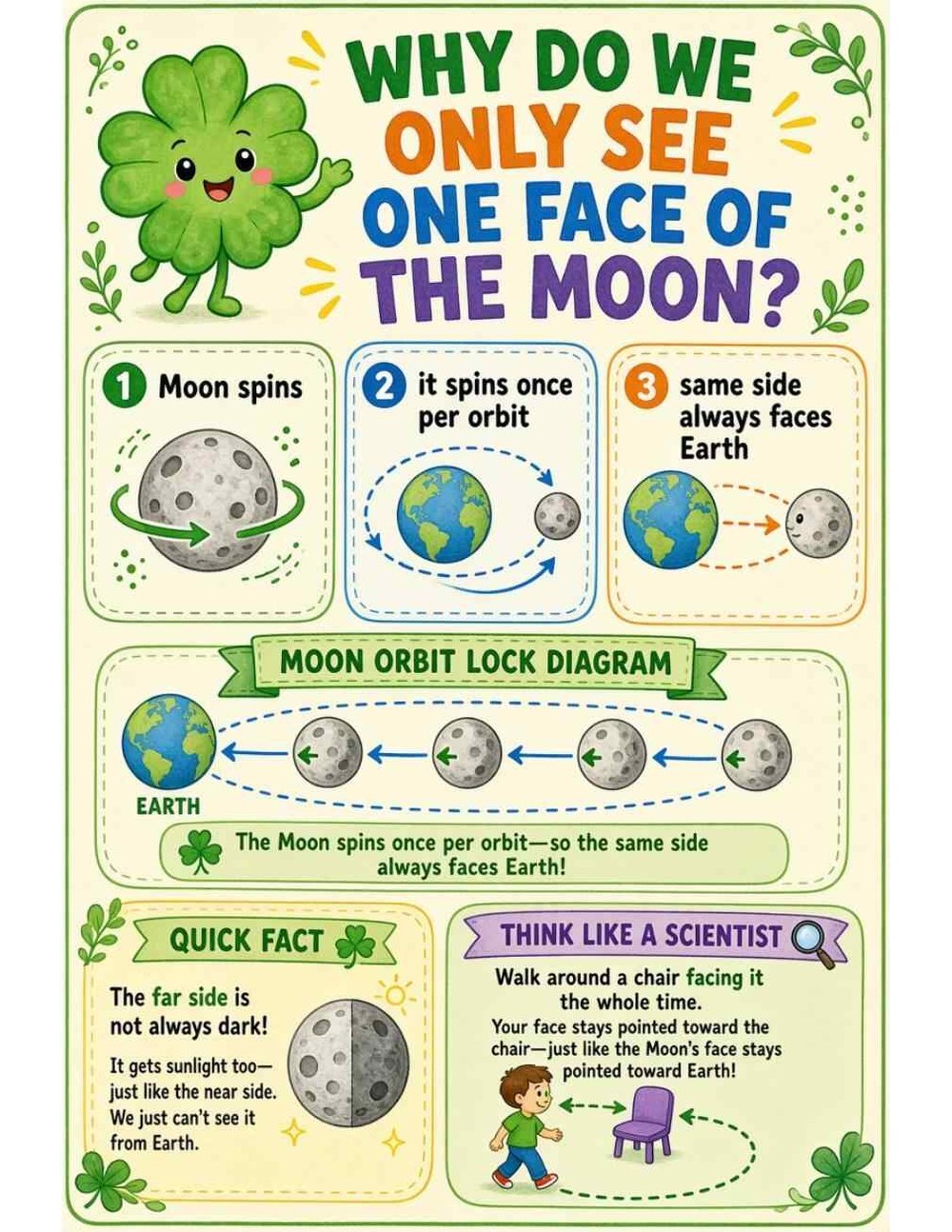 Illustrated page from A Million Whys Book 1 titled Why Do We Only See One Face of the Moon, with Crafty Clover.