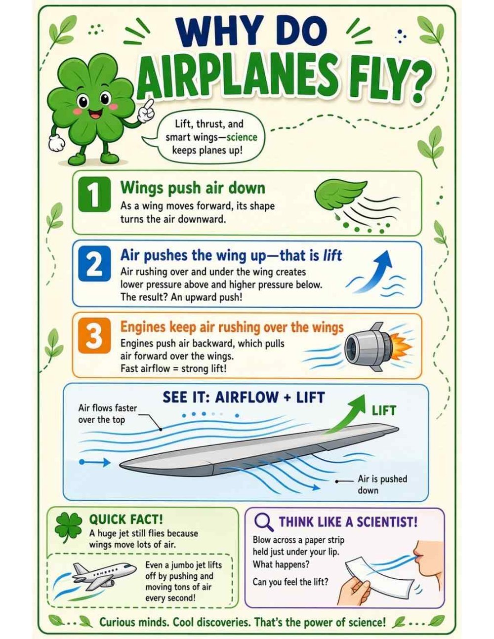 Illustrated page from A Million Whys Book 1 titled Why Do Airplanes Fly? Lift, Thrust and Smart Wings, with Crafty Clover.