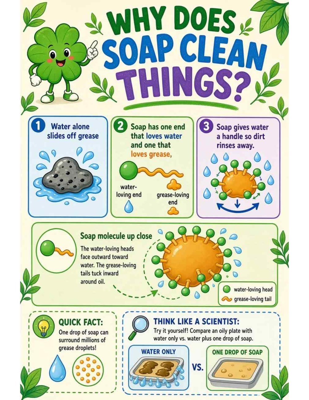 Illustrated page from A Million Whys Book 1 titled Why Does Soap Clean Things? Tiny Molecules With Two Ends, with Crafty Clover.