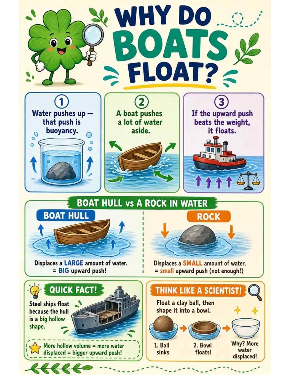Illustrated page from A Million Whys Book 1 titled Why Do Boats Float? The Secret of Buoyancy, with Crafty Clover.