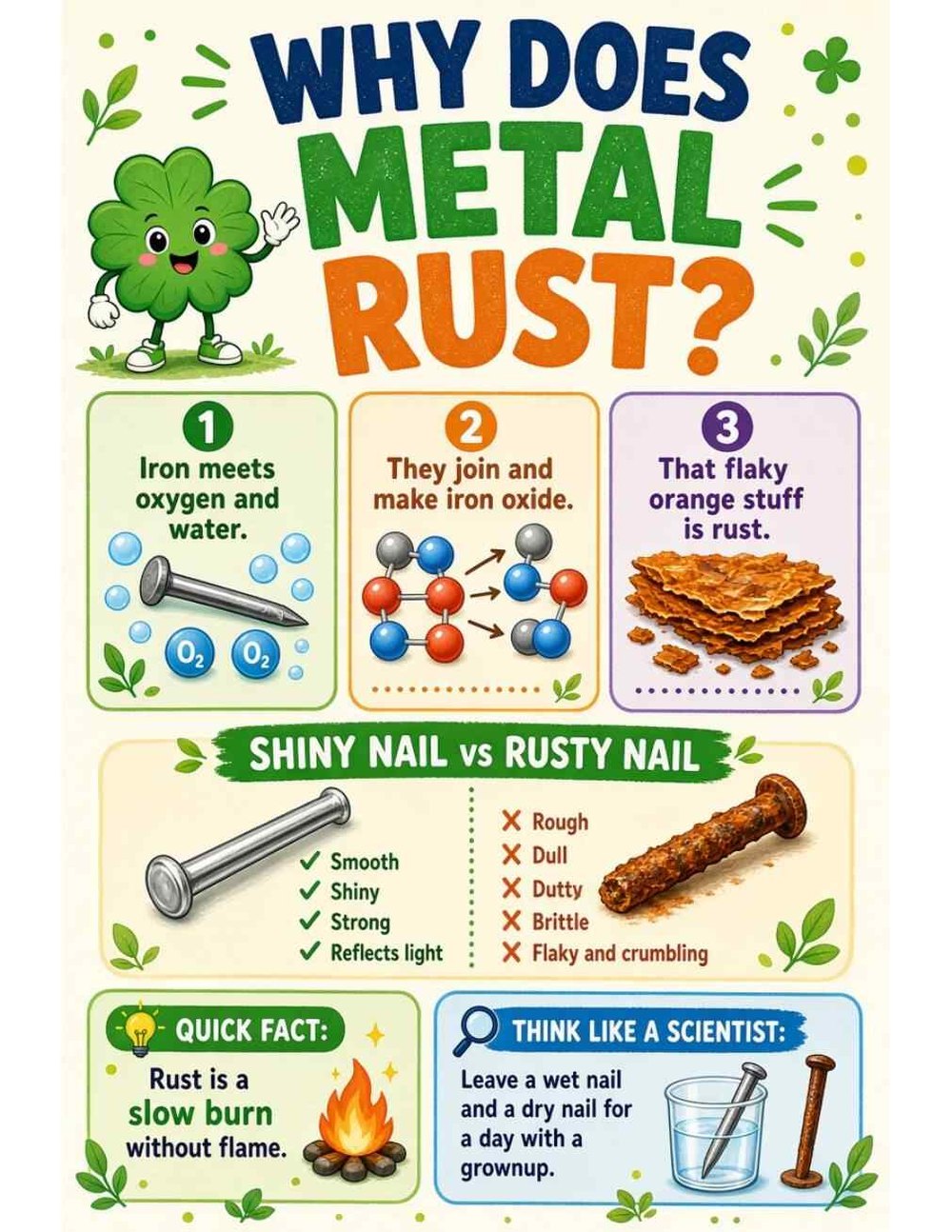 Illustrated page from A Million Whys Book 1 titled Why Does Metal Rust? Iron, Oxygen and Water, with Crafty Clover.