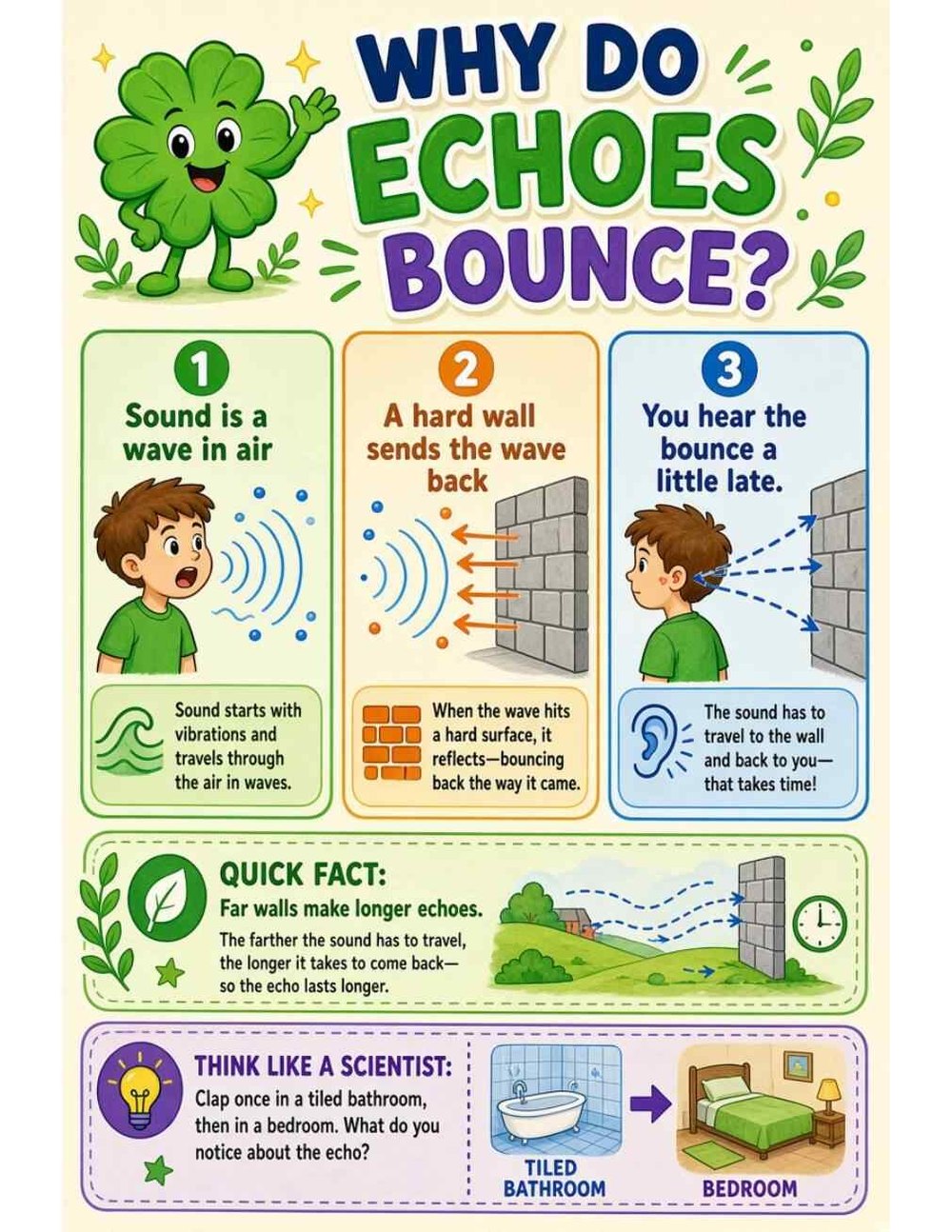 Illustrated page from A Million Whys Book 1 titled Why Do Echoes Bounce? Sound Bounces Back Late, with Crafty Clover.