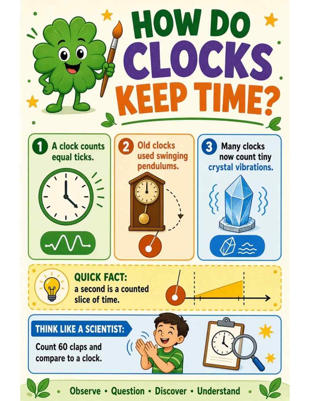 Illustrated page from A Million Whys Book 1 titled How Do Clocks Keep Time? Ticks, Swings and Crystals, with Crafty Clover.