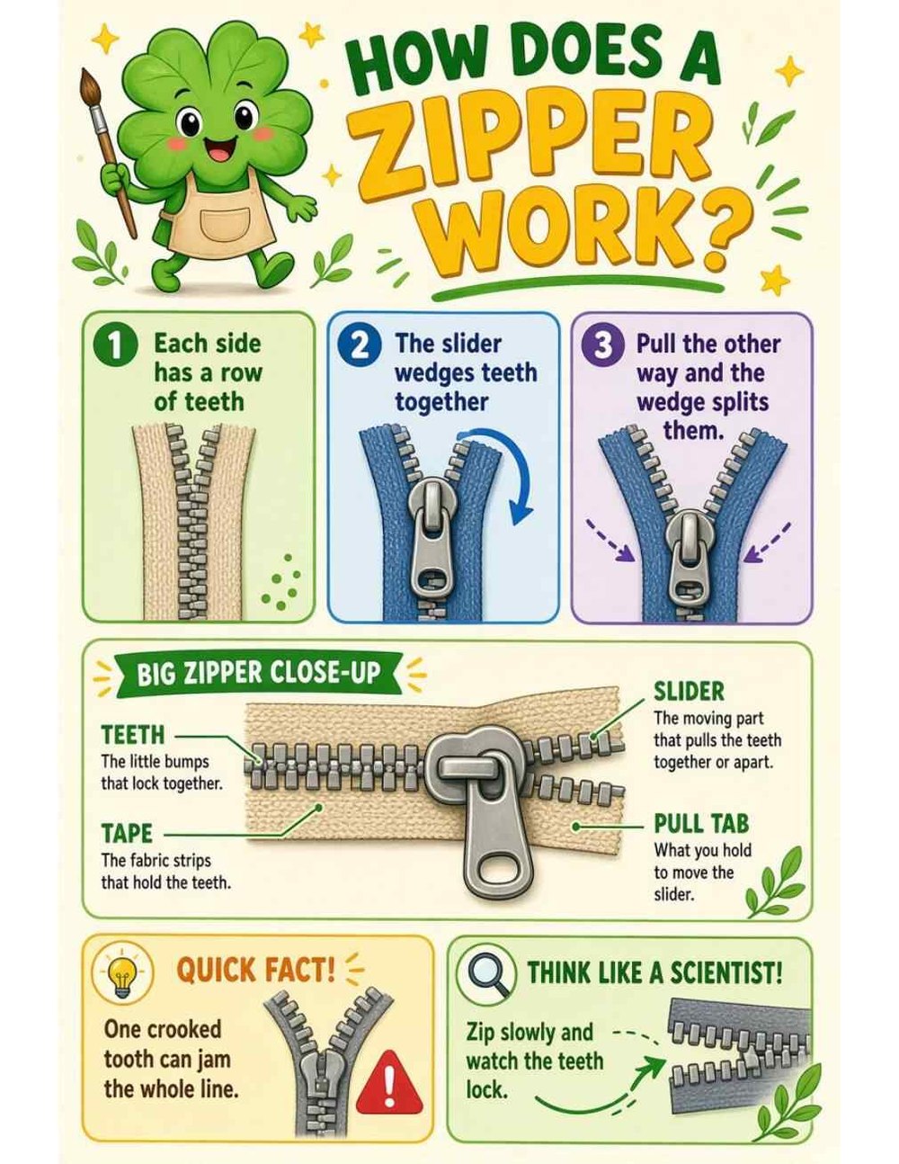 Illustrated page from A Million Whys Book 1 titled How Does a Zipper Work? Teeth, Tape and a Sneaky Slider, with Crafty Clover.