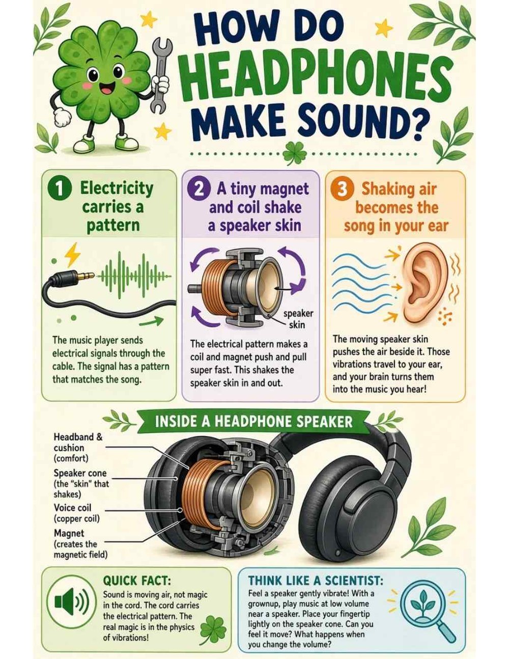 Illustrated page from A Million Whys Book 1 titled How Do Headphones Make Sound? Shaking Air Into Music, with Crafty Clover.