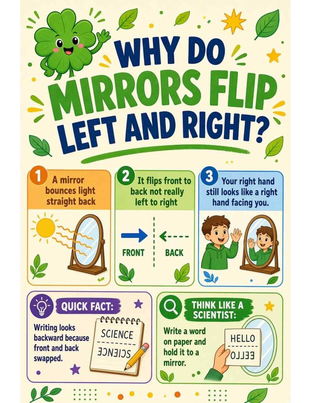 Illustrated page from A Million Whys Book 1 titled Why Do Mirrors Flip Left and Right? Or Do They, with Crafty Clover.
