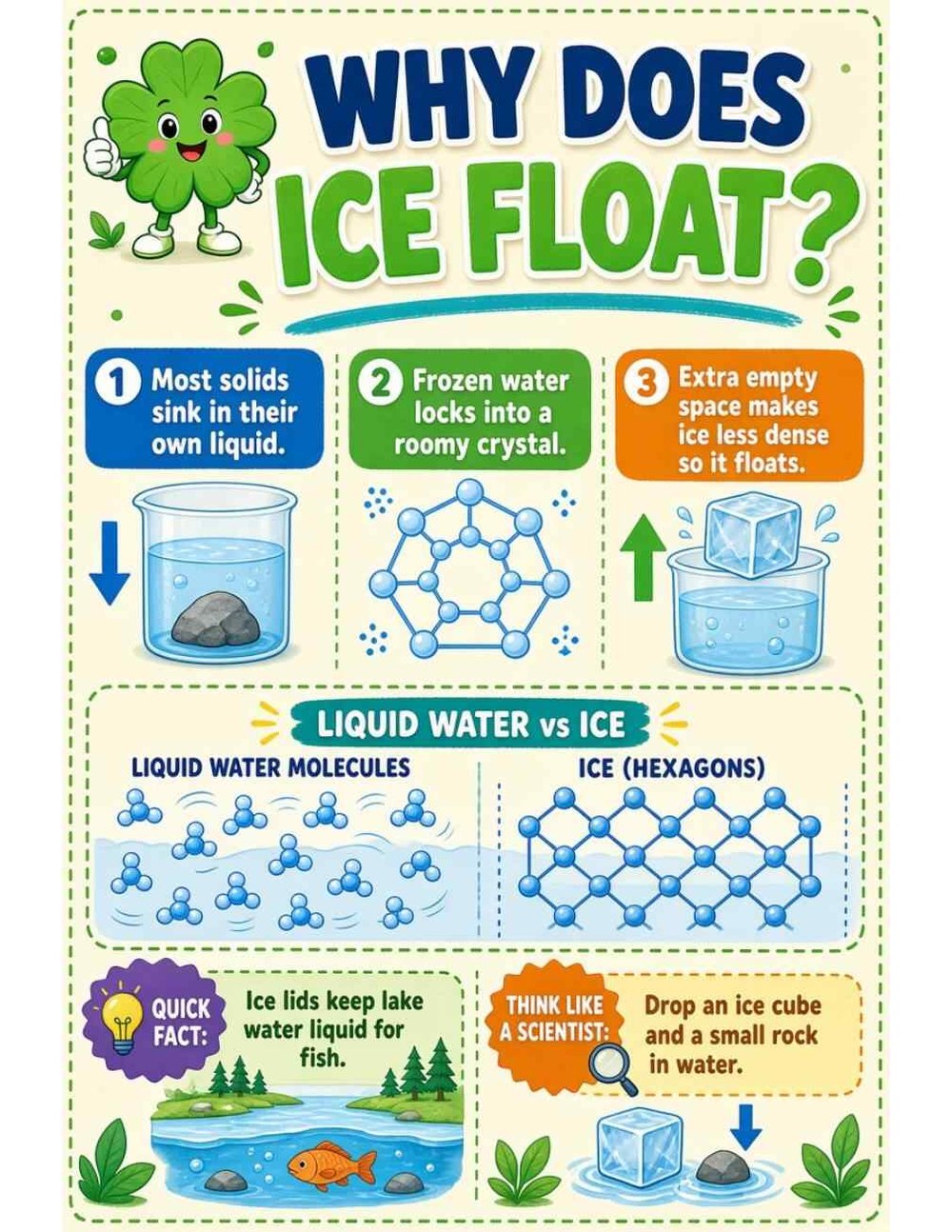 Illustrated page from A Million Whys Book 1 titled Why Does Ice Float? Water's Roomy Crystals, with Crafty Clover.