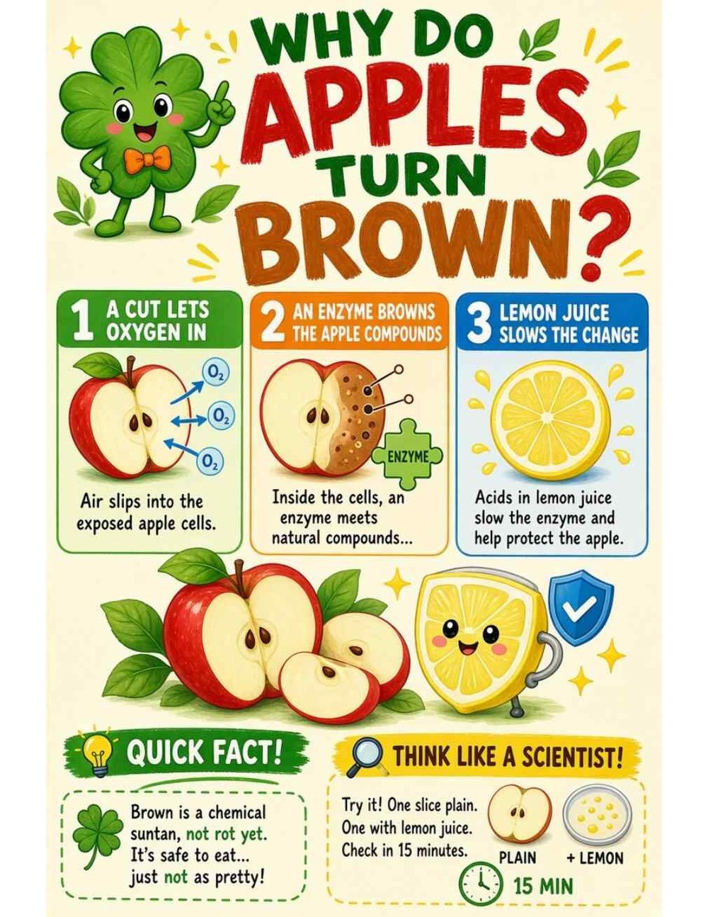 Illustrated page from A Million Whys Book 1 titled Why Do Apples Turn Brown? A Chemical Suntan, with Crafty Clover.