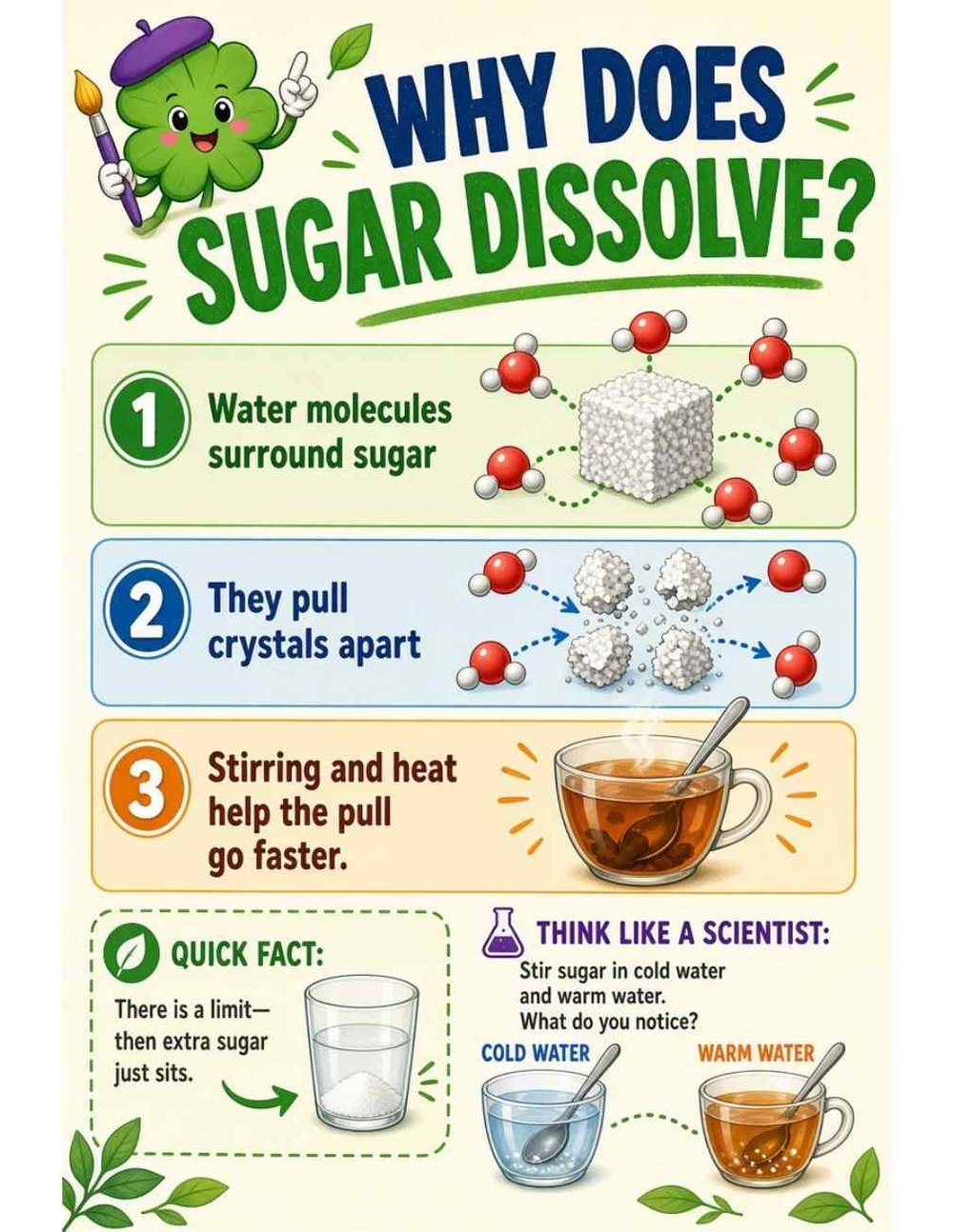 Illustrated page from A Million Whys Book 1 titled Why Does Sugar Dissolve? Water Molecules Pull It Apart, with Crafty Clover.