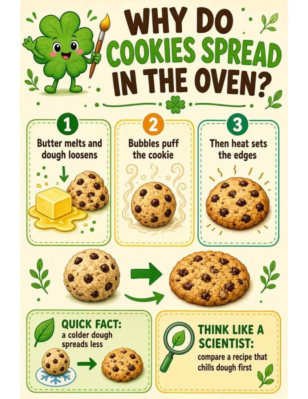 Illustrated page from A Million Whys Book 1 titled Why Do Cookies Spread in the Oven? Butter, Bubbles and Heat, with Crafty Clover.