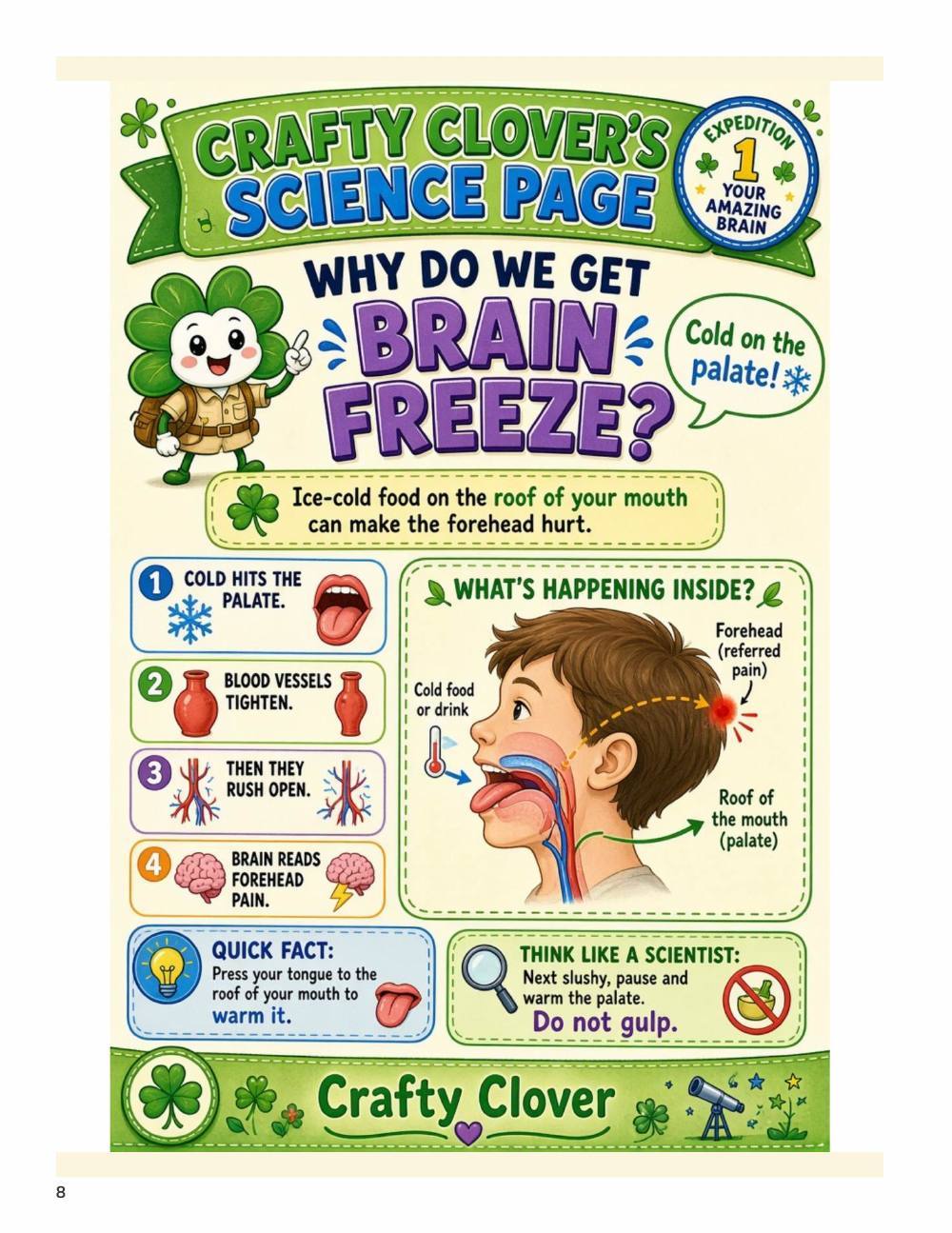 Illustrated page from A Million Whys Book 2 titled Why Do We Get Brain Freeze, with Crafty Clover.