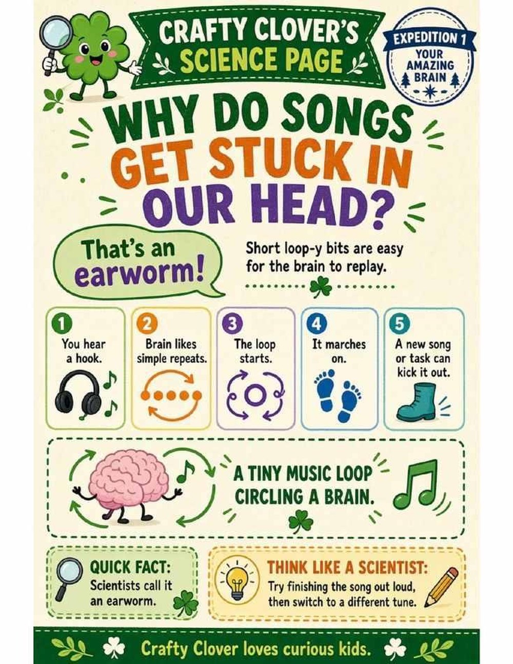 Illustrated page from A Million Whys Book 2 titled Why Do Songs Get Stuck in Our Head, with Crafty Clover.